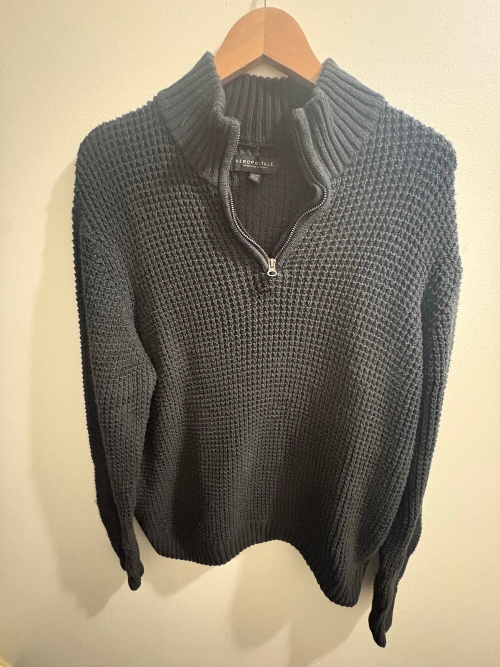 Aeropostale Black Waffle Knit Quarter Zip Sweater